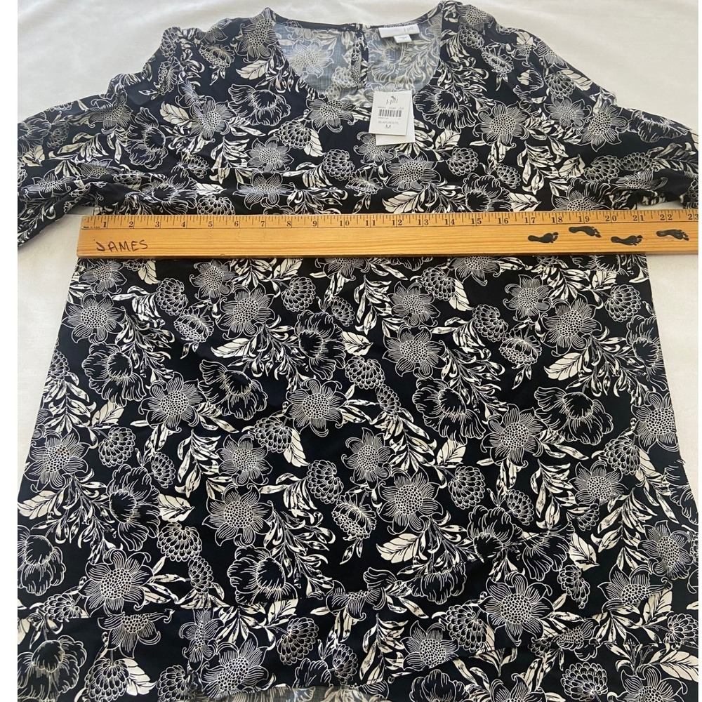 J Jill Black White Floral Print Long Sleeve Blouse Shirt Top Women's Medium NEW - Picture 10 of 13
